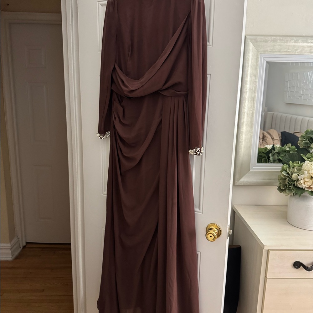 SHEIN Brown Long Sleeve Dress with Pearl Cuffs